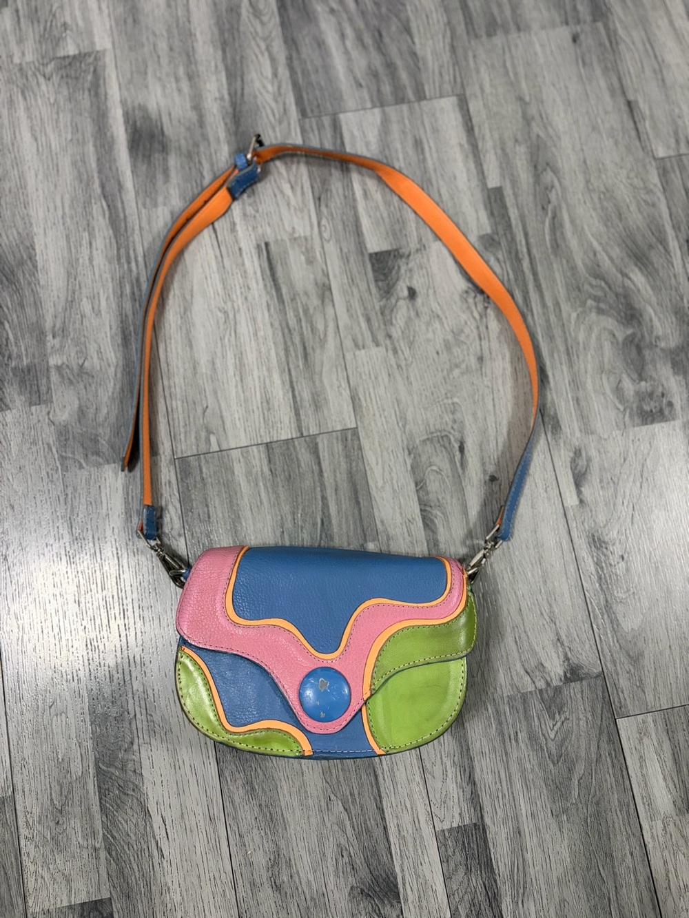 John Fluevog Rosanna Blue, Pink, Green & Orange Patchwork Crossbody